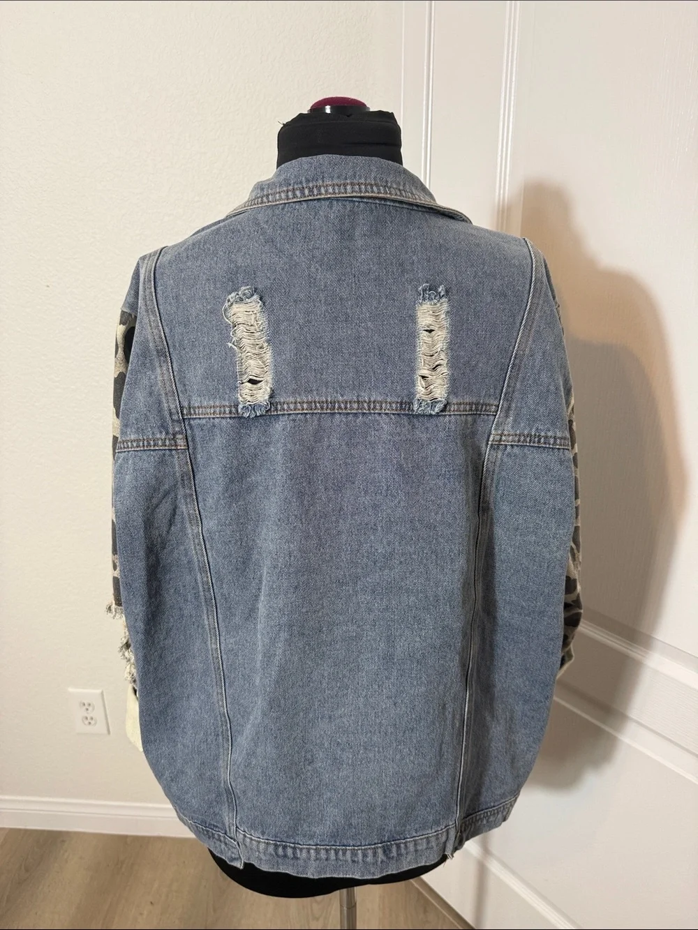 MACARON Light Blue Distressed Denim Jacket with Leopard-Print Sleeves